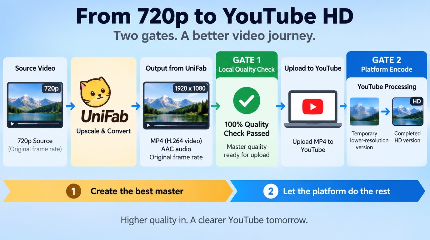 720p source to UniFab 1080p master and YouTube HD processing with two quality checks