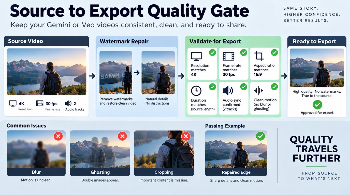 Video checks for matching 4K resolution, frame rate, audio, and motion after watermark removal.