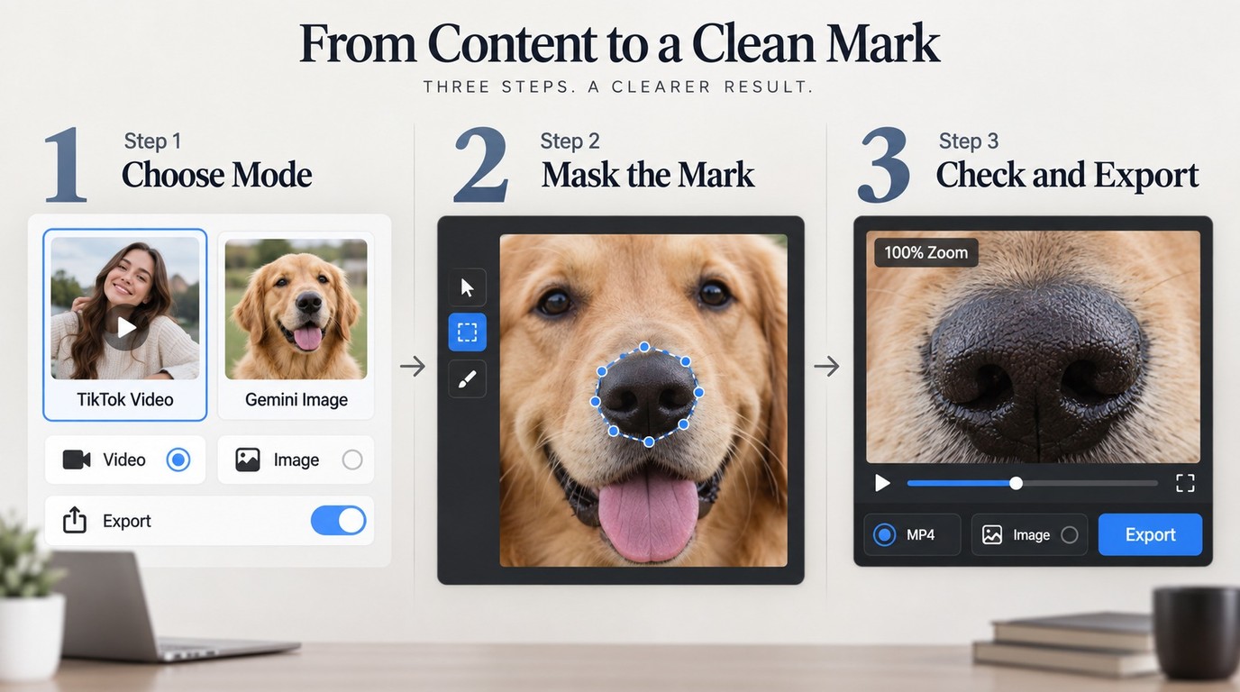 Three-step workflow for masking and checking authorized TikTok video or Gemini image edits