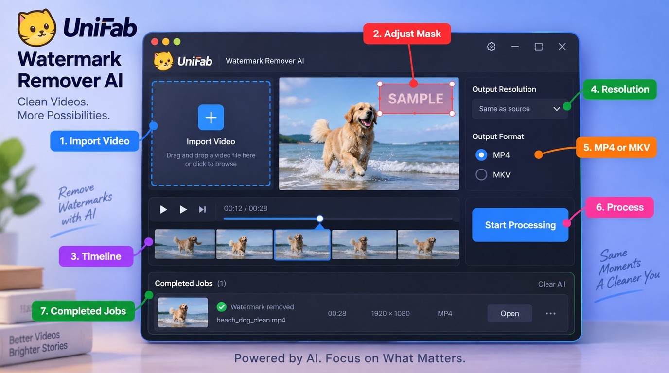 UniFab workflow for importing, masking, previewing, and exporting video as MP4 or MKV.