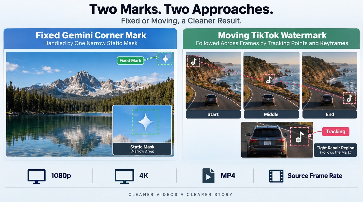 Fixed Gemini corner mark versus moving TikTok watermark tracking across video frames