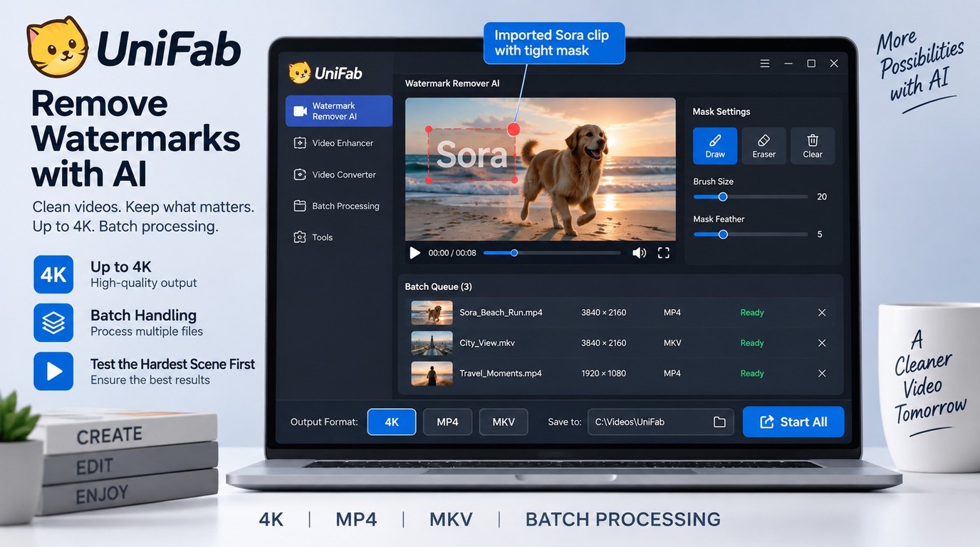 UniFab workflow for masking a Sora mark, previewing motion, and exporting up to 4K