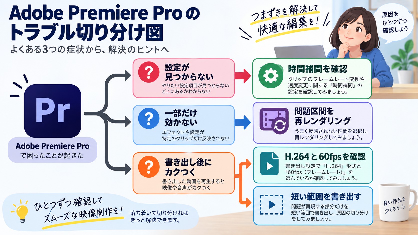 Premiere Proで補間が効かない原因を設定、再レンダリング、書き出しから切り分ける手順。