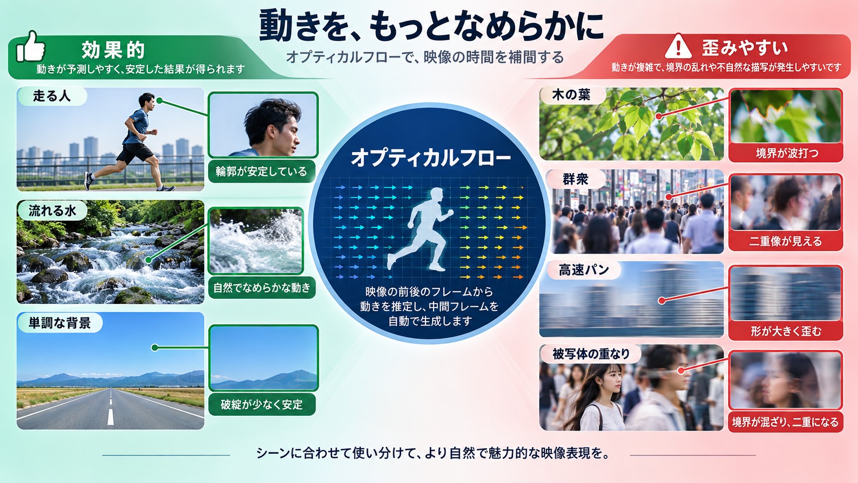 Premiere Proのオプティカルフローが得意な動きと、歪みやすい複雑な動きの比較。