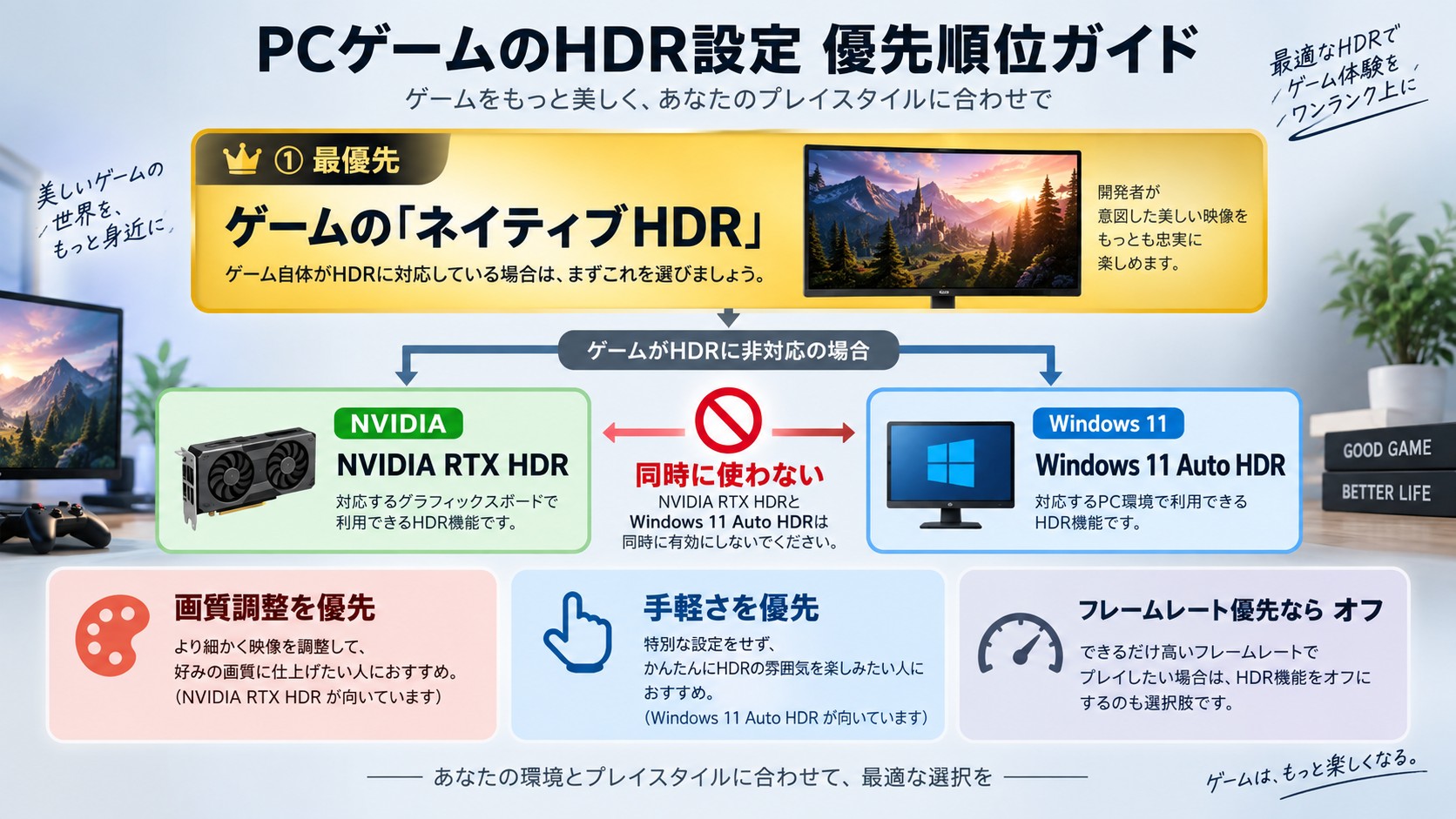 ネイティブHDRを優先し、RTX HDRとAuto HDRの同時使用を避ける設定関係