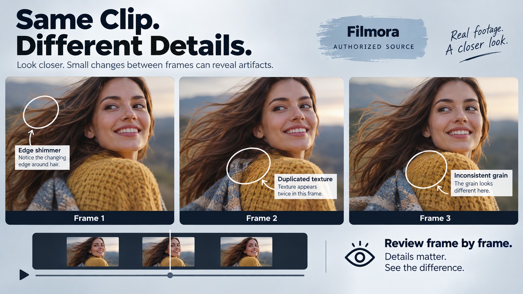 Filmora clip frames showing edge shimmer and repeated texture during overlay reconstruction