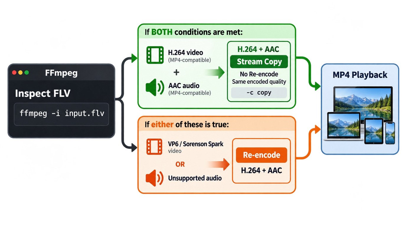 FFmpeg workflow for inspecting FLV codecs, stream copying, or re-encoding to MP4.