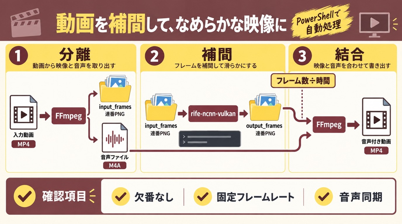 FFmpegで映像と音声を分離し、rife-ncnn-vulkanで補間してMP4へ戻す手順