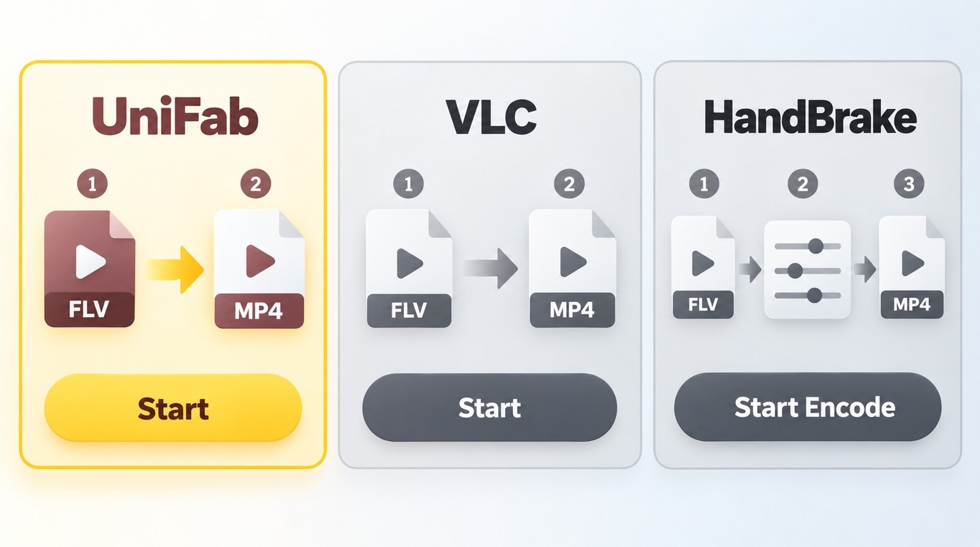 VLC and HandBrake controls for selecting an FLV source and MP4 output.