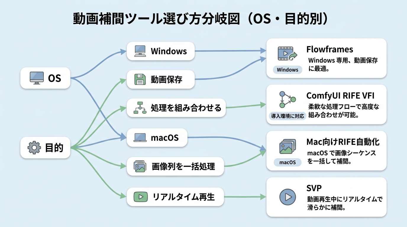 OSと用途からFlowframes、ComfyUI RIFE VFI、Mac向け自動化、SVPを選ぶ流れ
