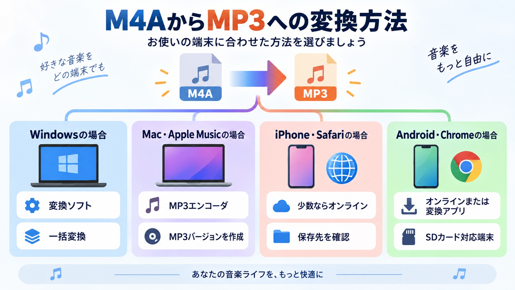 Windows、Mac、iPhone、Android別のM4AからMP3への変換方法