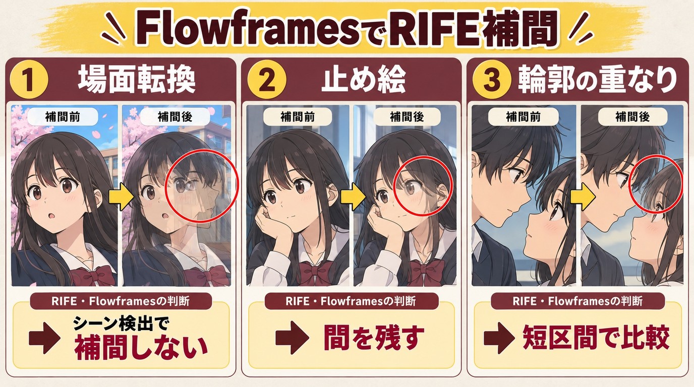 RIFEでアニメを補間するときの場面転換、止め絵、輪郭の歪みと対処