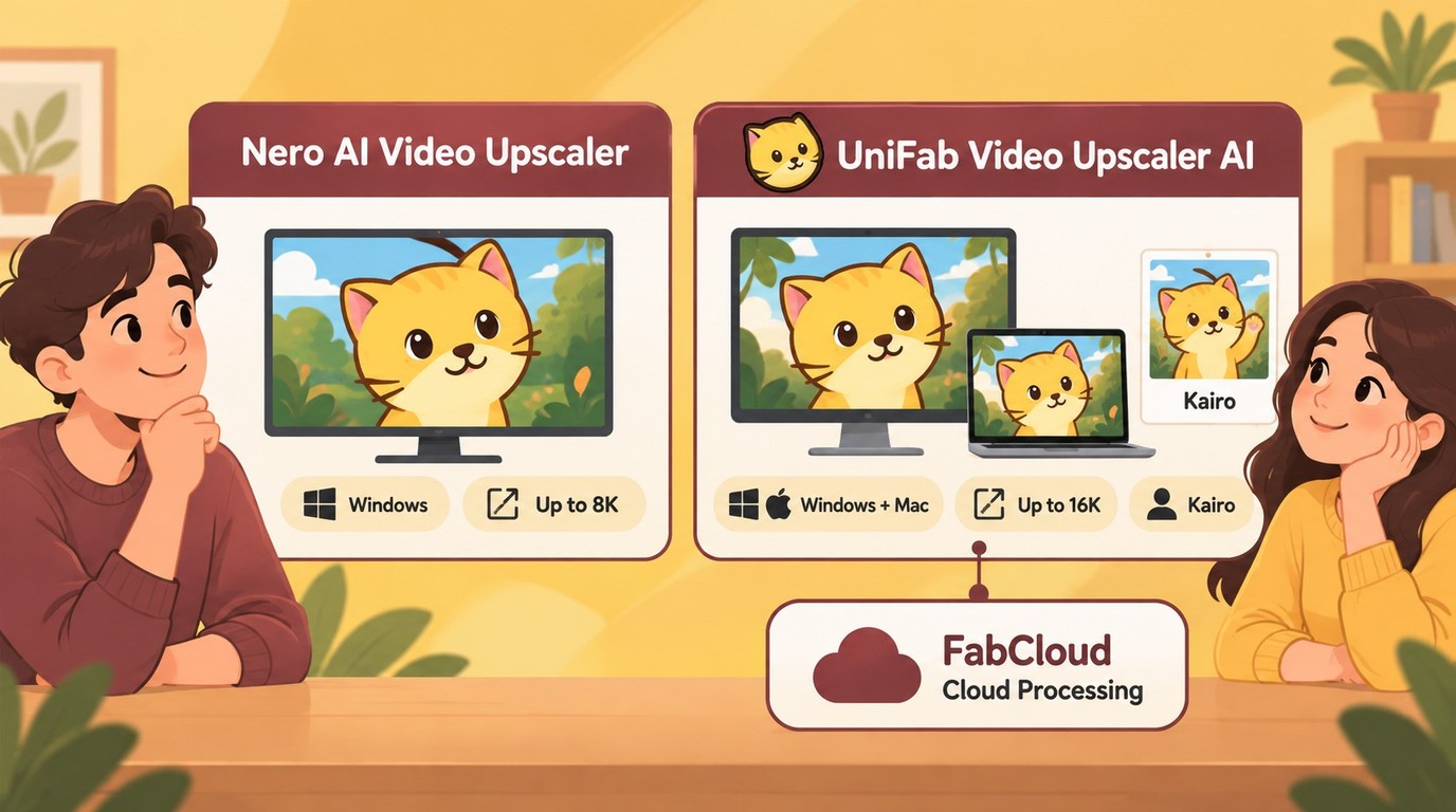 Nero vs UniFab choice by Windows or Mac, 8K or 16K, Kairo, and cloud processing