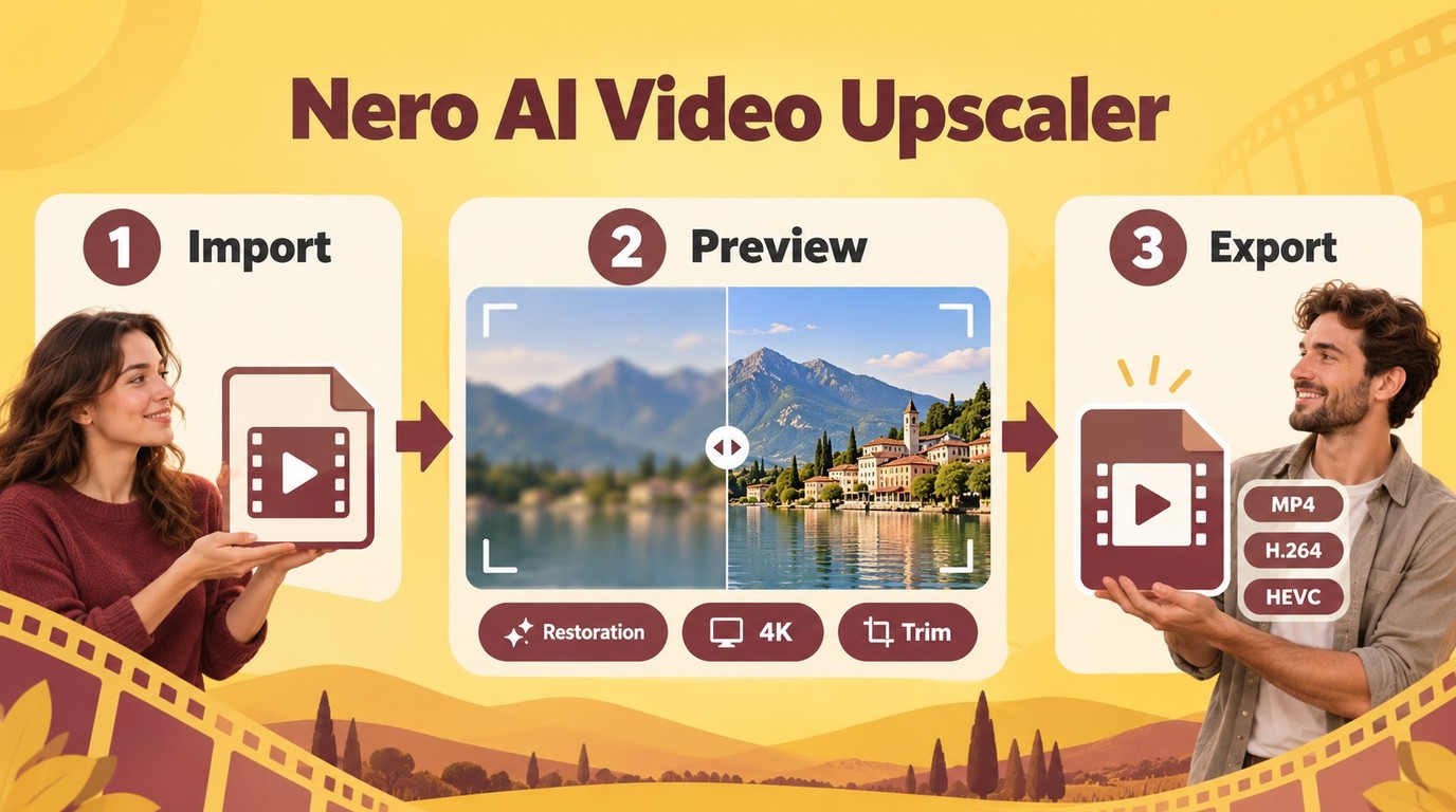 Nero workflow from clip import and model preview to H.264 or HEVC MP4 export