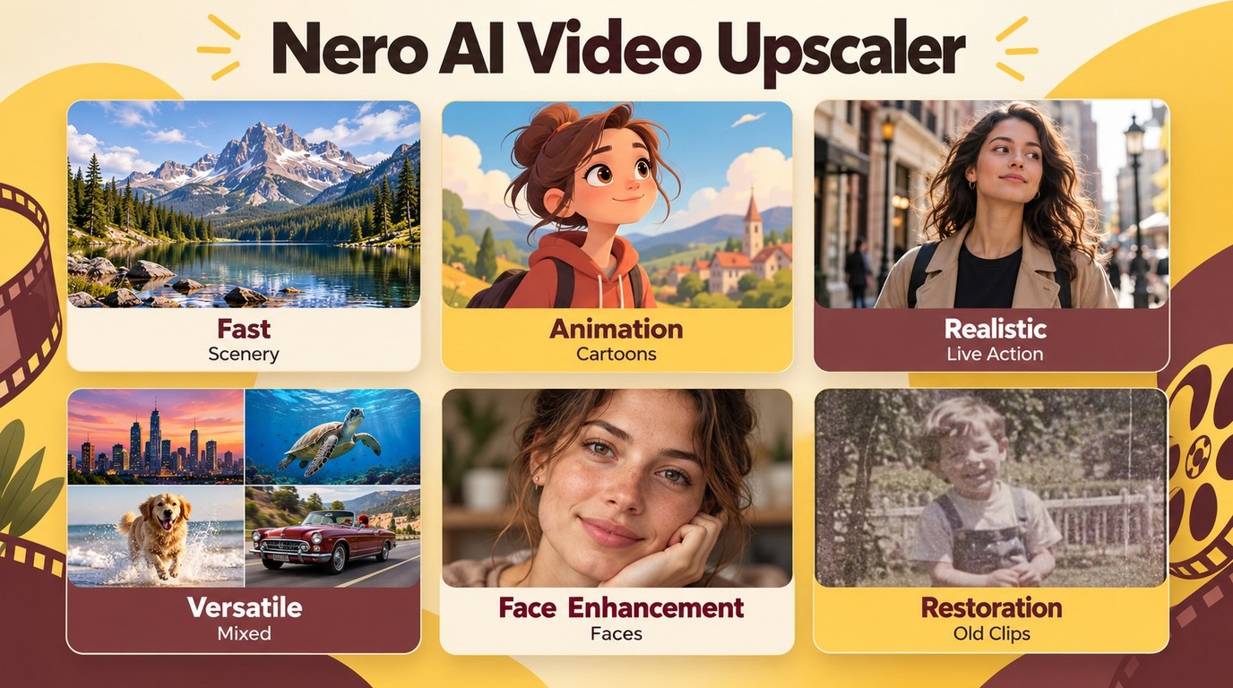 Which Nero model fits scenery, animation, live action, mixed clips, faces, or restoration