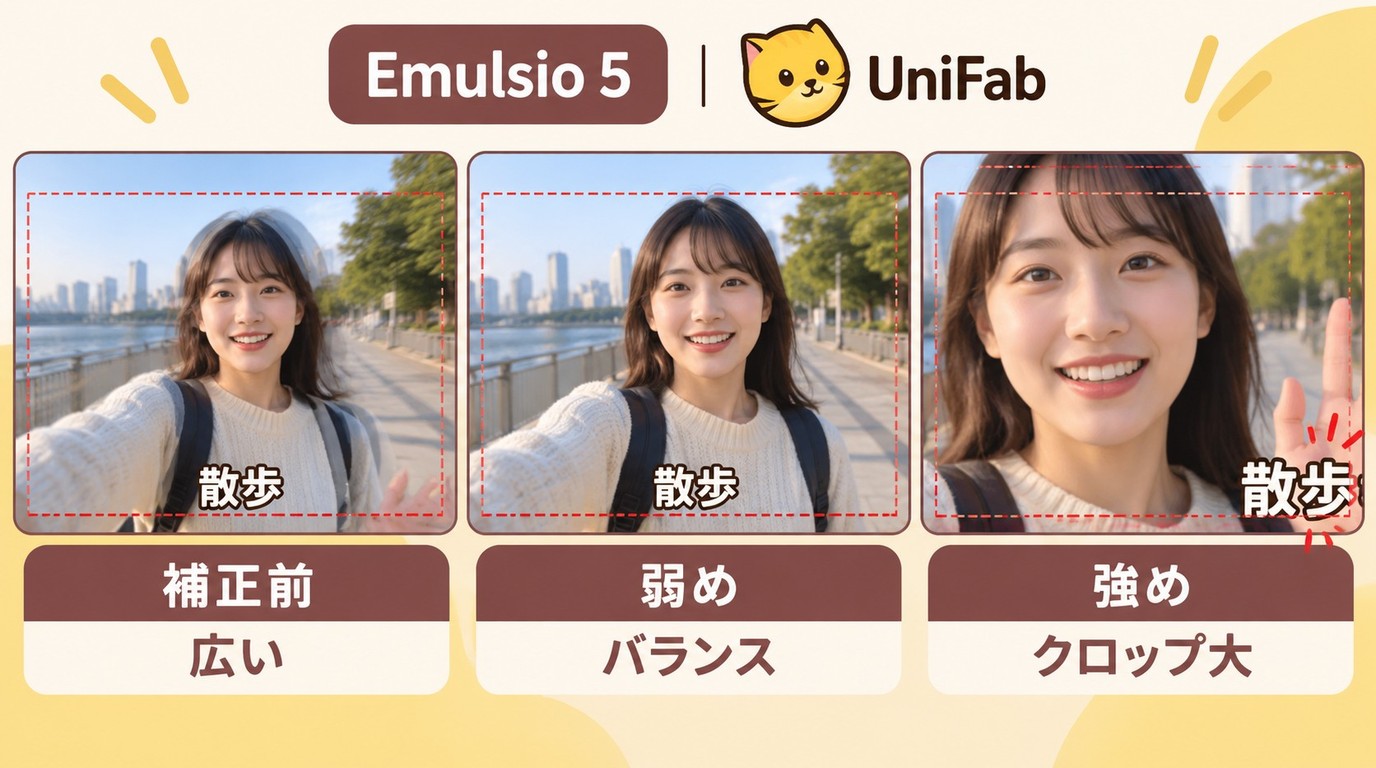 Emulsio 5やUniFabで補正強度を上げたときのクロップと画角変化