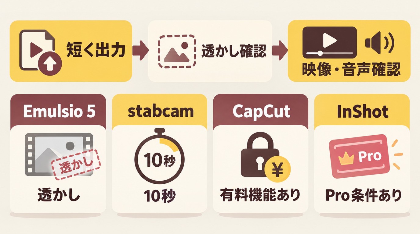 Emulsio 5、stabcam、CapCut、InShotの無料出力を確認する手順