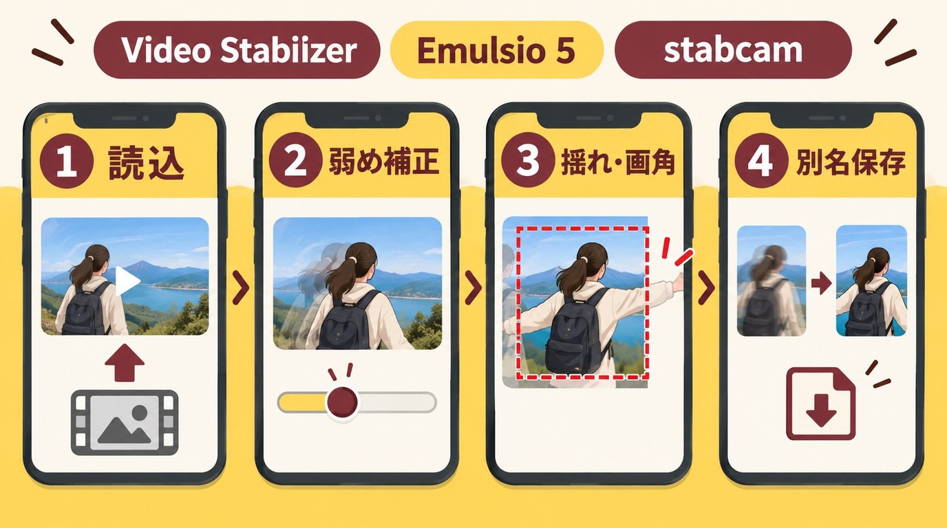 Video Stabilizer、Emulsio 5、stabcamで補正して別名保存する流れ