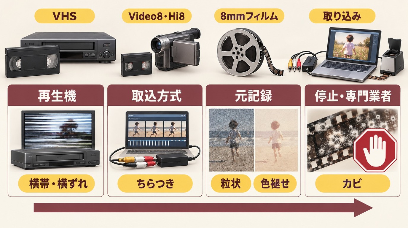 VHSと8mmフィルムの症状別に最初の確認先と再生停止の判断を示す流れ