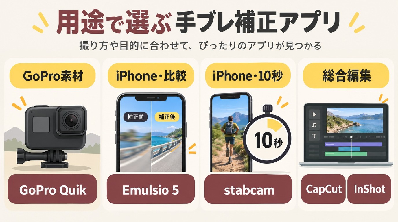 GoPro素材、iPhone動画、総合編集の用途から5アプリを選ぶ分岐