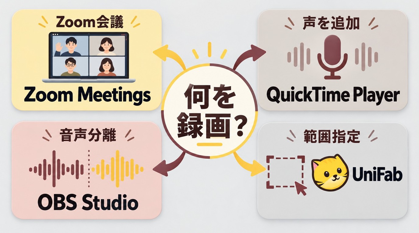 用途別にZoom Meetings、QuickTime Player、OBS Studio、UniFabを選ぶ目安