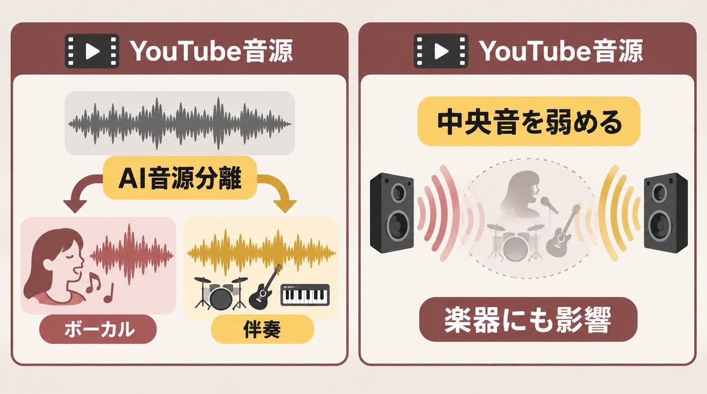 AI音源分離と中央音除去で、ボーカルと伴奏への影響が異なる仕組み