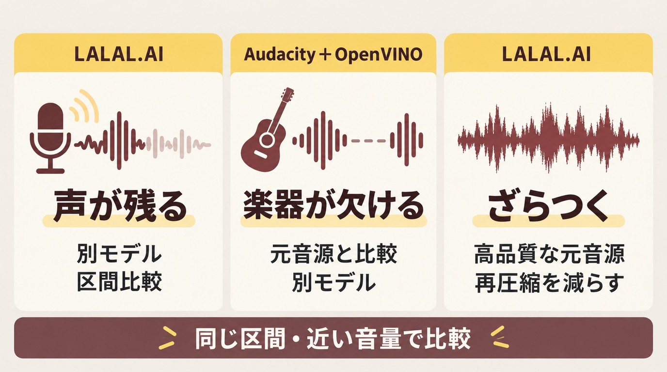 残声、楽器の欠け、ざらつきに応じたボーカル除去の対処法