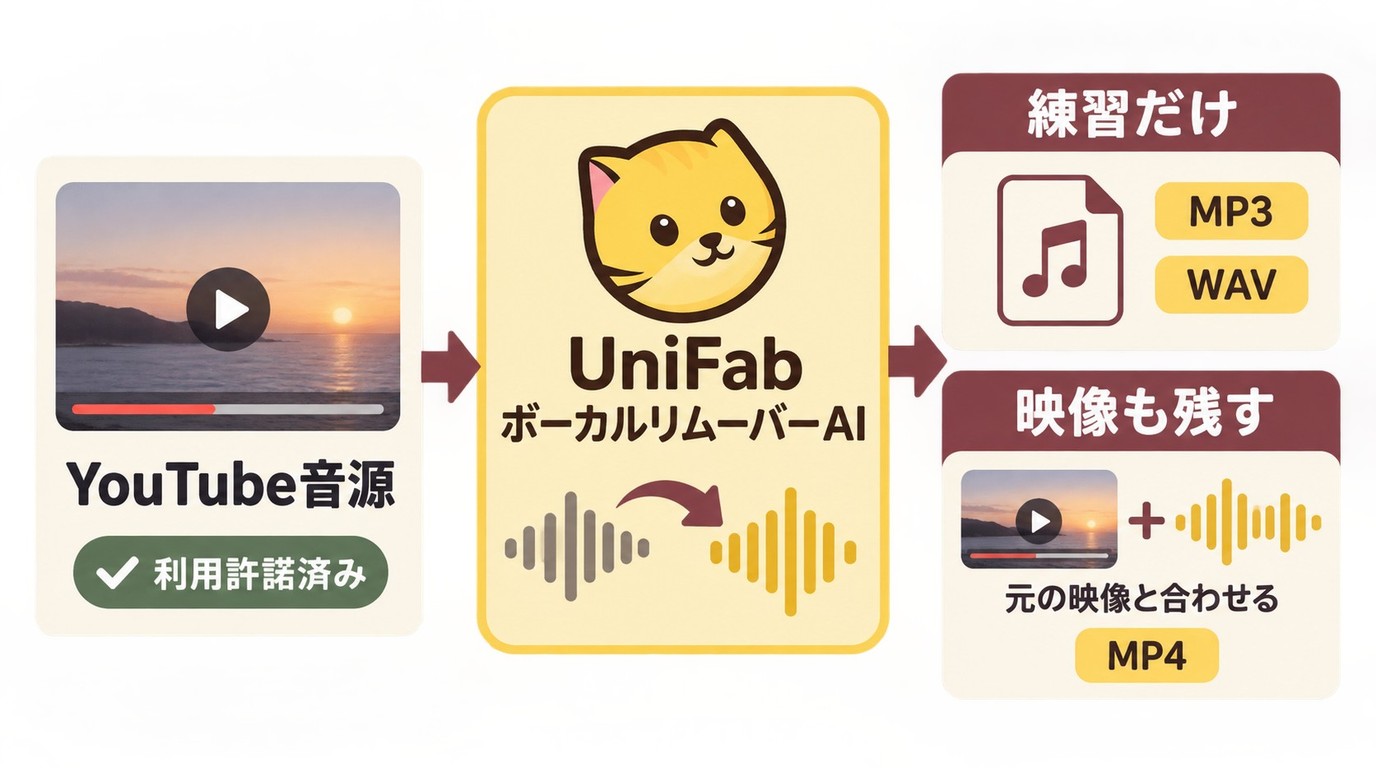 UniFabで分離した伴奏をMP3・WAVまたは映像付きMP4で保存する流れ