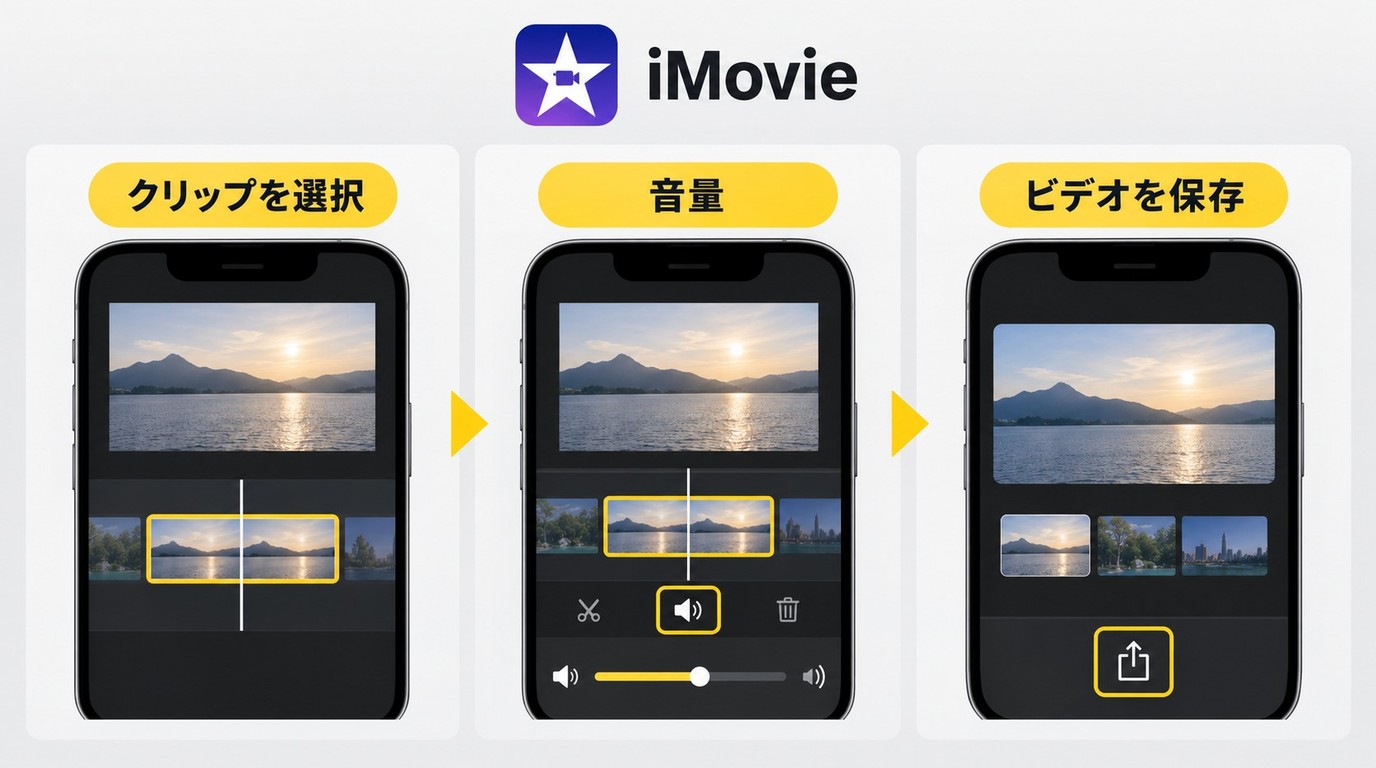 iPhone版iMovieでクリップの音量を調整して動画を保存する手順