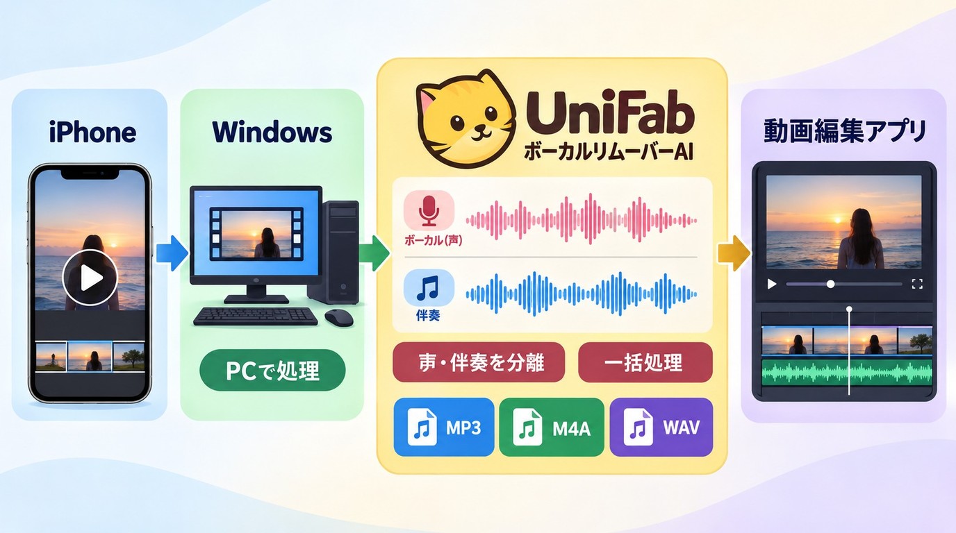 iPhone動画をWindowsのUniFabで処理し音声を映像へ戻す流れ