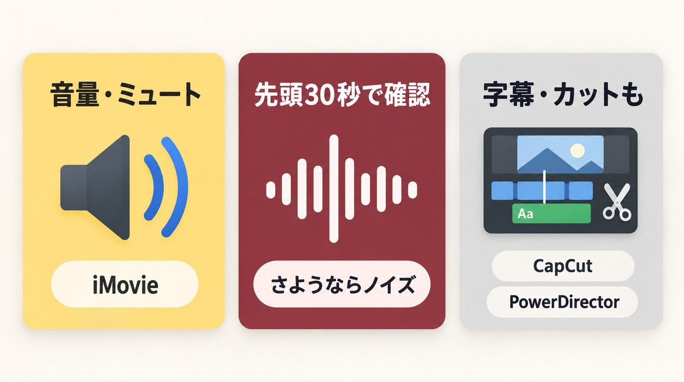 用途別にiMovie、さようならノイズ、CapCut、PowerDirectorを選ぶ目安