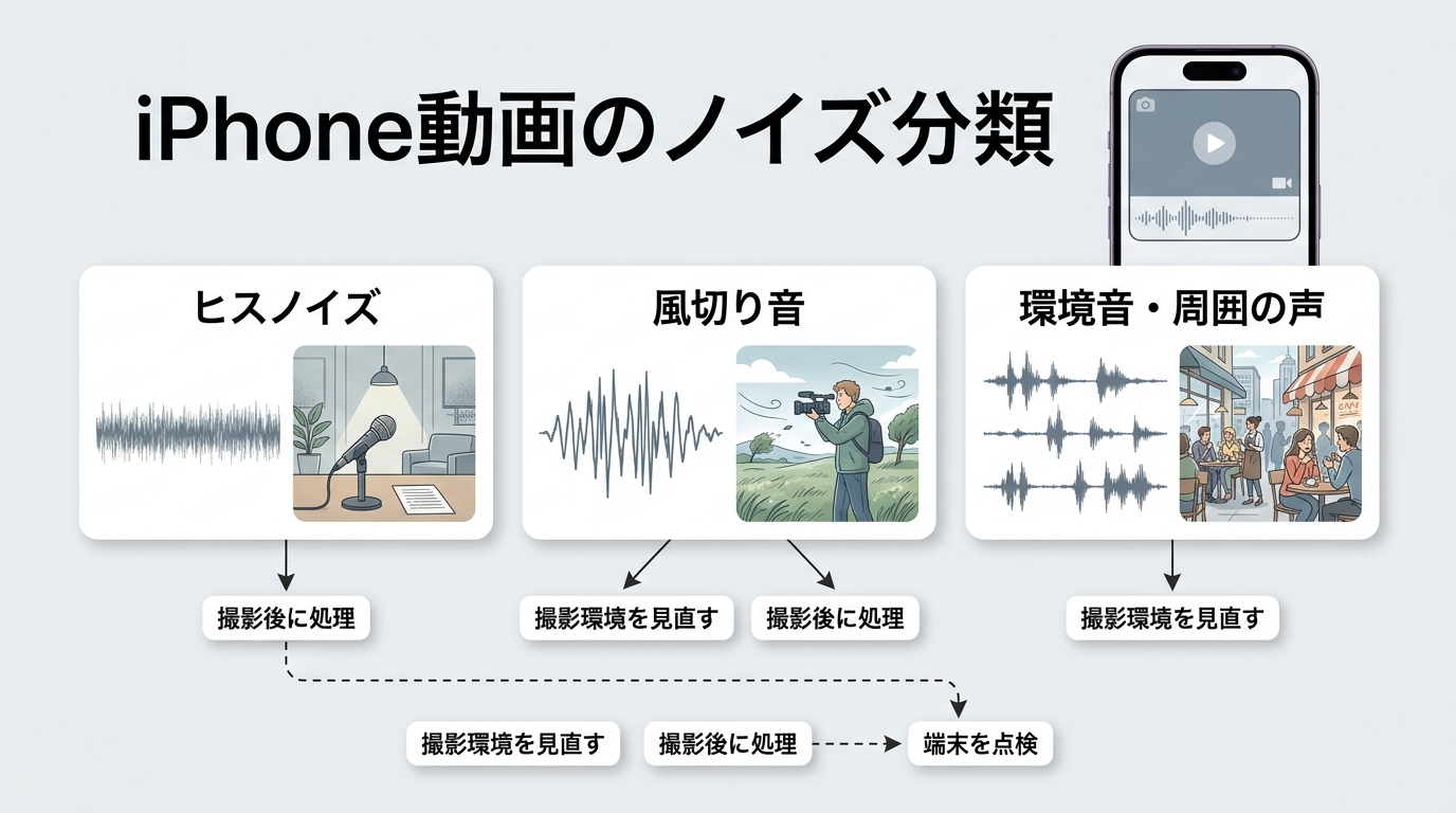 iPhone動画のヒスノイズ、風切り音、環境音を原因と対処別に分類