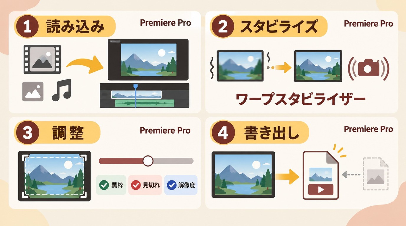 Premiere Proで動画を読み込み補正を確認して別名保存する手順