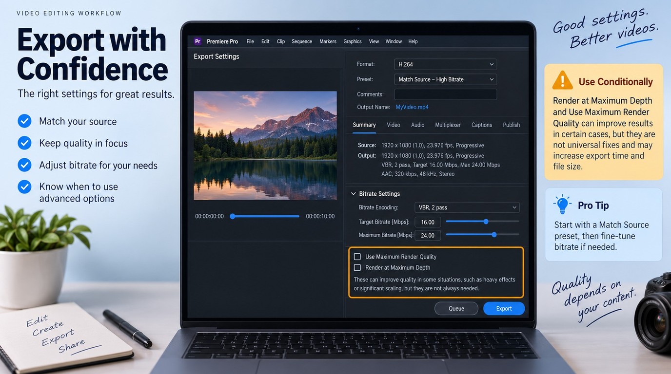 Premiere Pro export settings for matching source video and checking bitrate before upload
