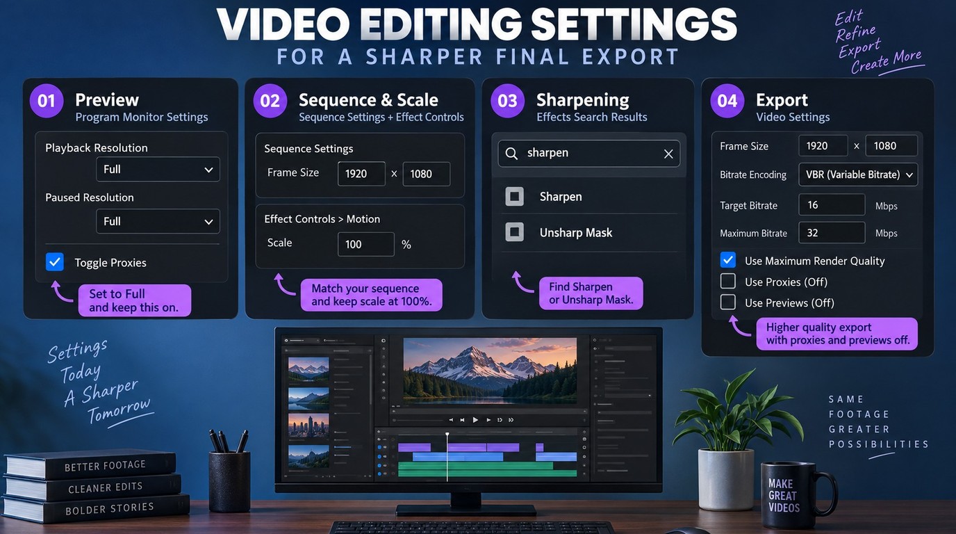 Adobe Premiere Pro controls for preview quality, scaling, sharpening, and export