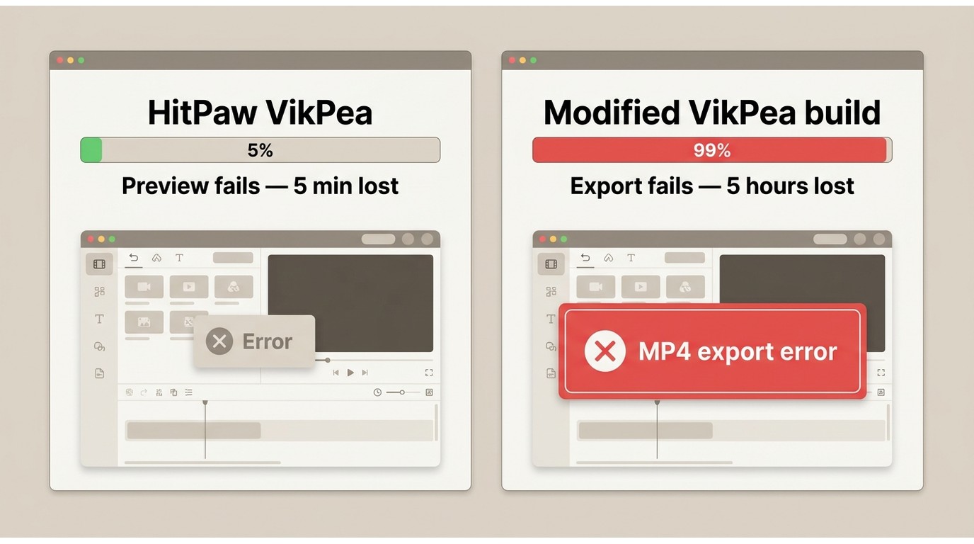 VikPea preview failure at 5 min vs modified build MP4 export failure after hours of rendering