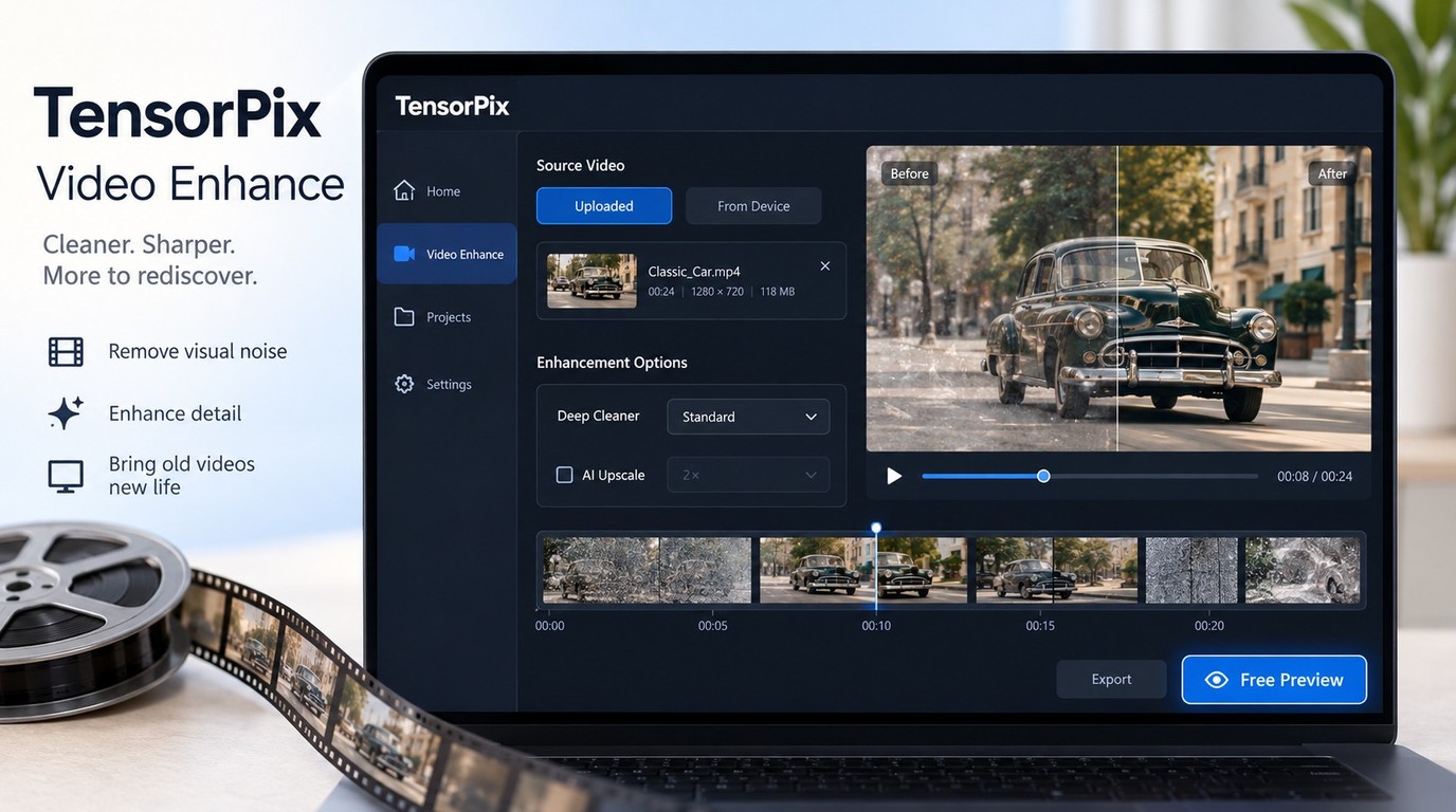 TensorPix Deep Cleaner with Standard selected, AI Upscale off, and Free Preview ready