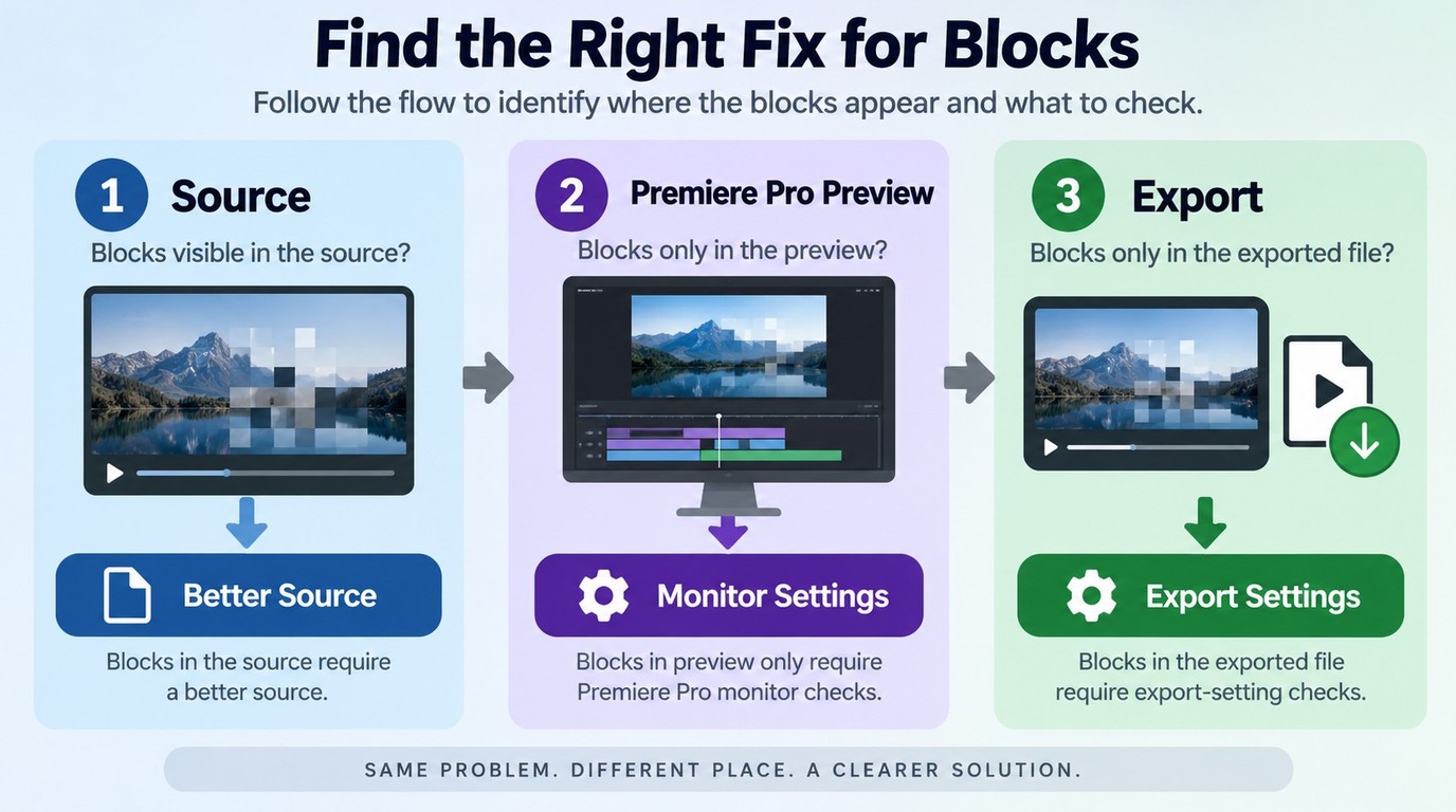 How to trace pixelation through the source, Adobe Premiere Pro preview, and export