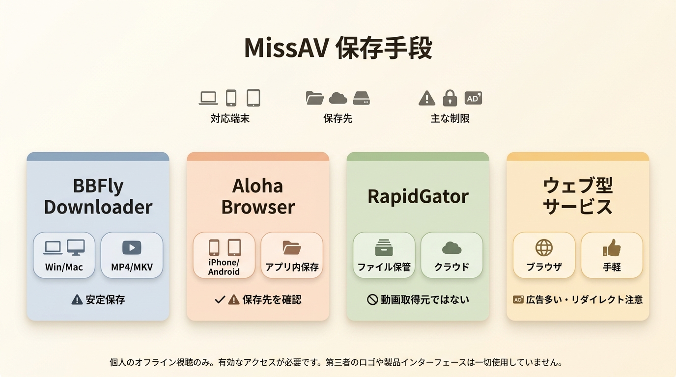 BBFly、RapidGator、Aloha Browser、ウェブ型サービスの保存手段の違い