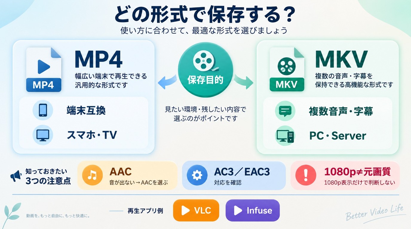 MP4とMKVの用途、1080p画質、AAC・AC3・EAC3音声の確認点