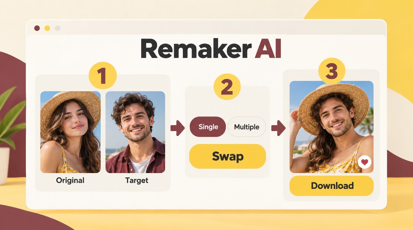 Remaker AI workflow from Original Image and Target Face to a downloaded face-swap result