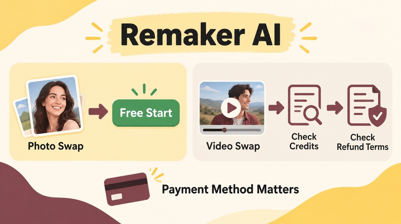 Remaker AI path for free photo swaps, paid video credits, payment methods, and refund checks