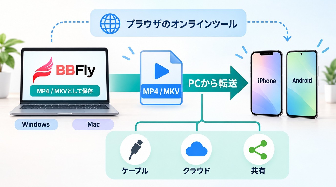 BBFlyでPCに保存し、MP4をiPhoneやAndroidへ転送する二つの利用経路