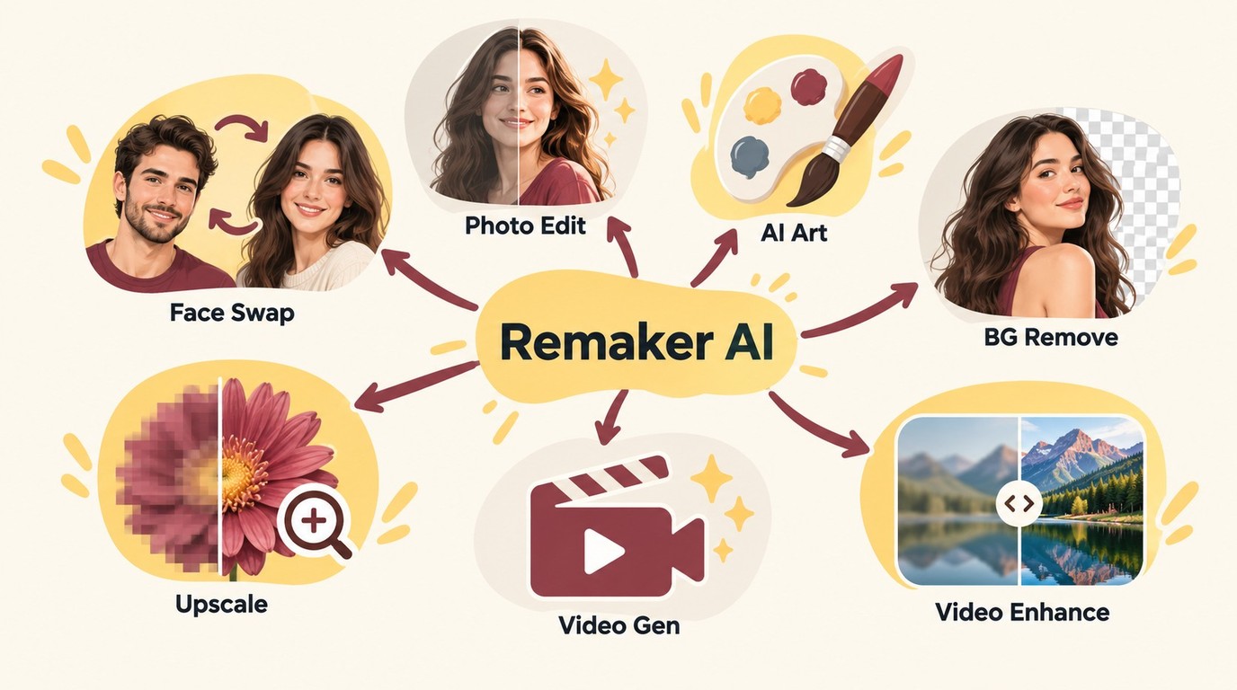 Remaker AI tools for face swapping, photo editing, image generation, upscaling, and video