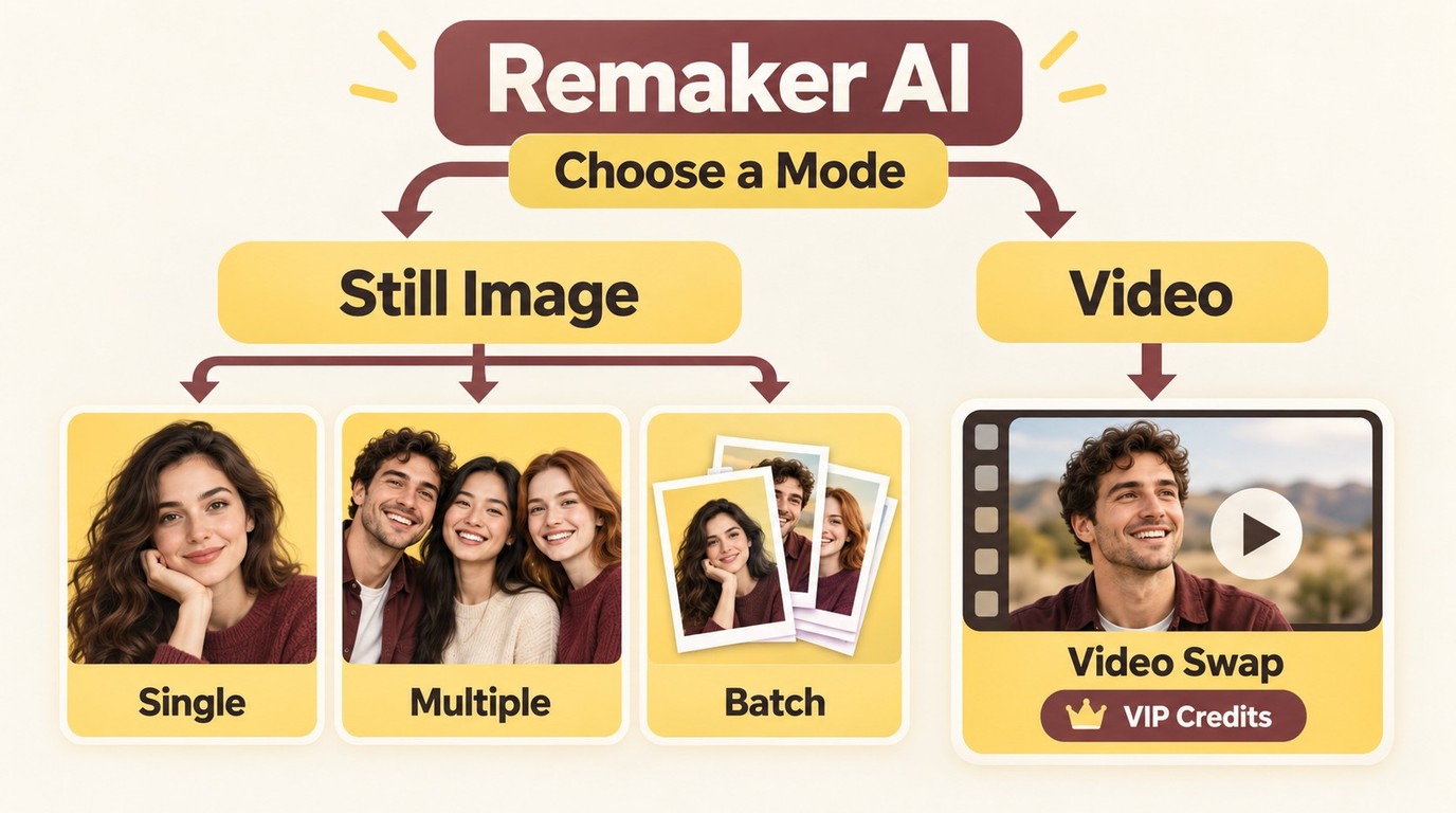 How to choose Remaker AI single, multiple, batch, or video face swap modes