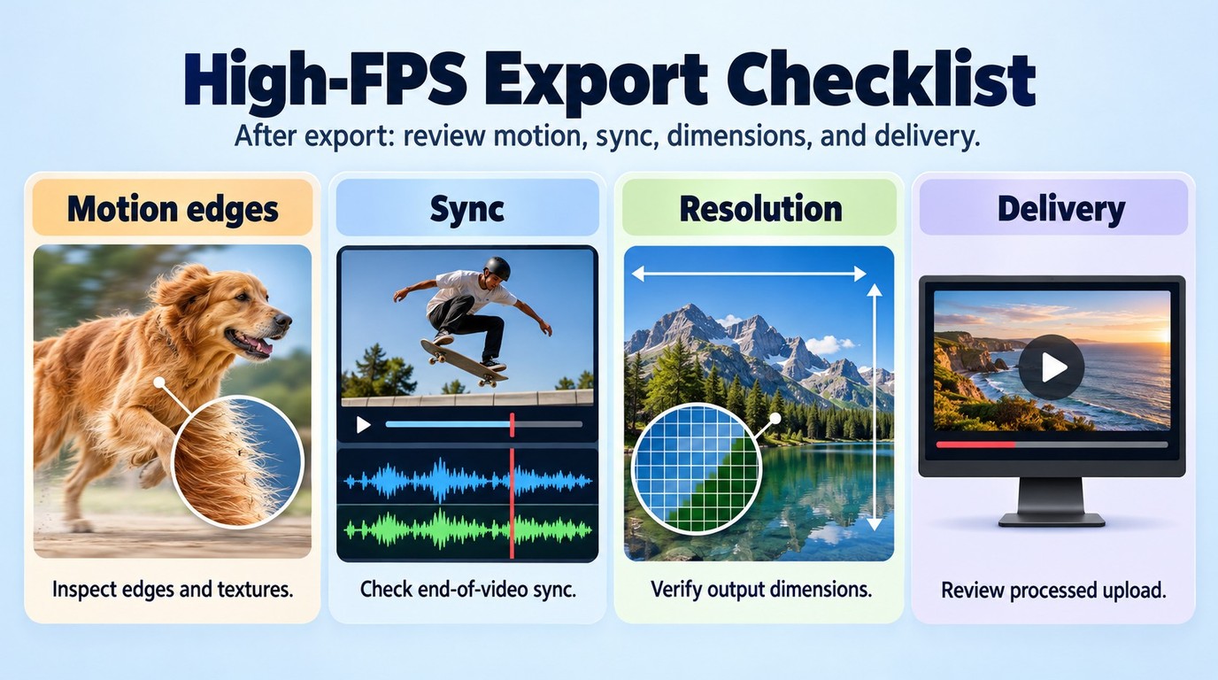 Checks for motion edges, sync, resolution, and delivery after FPS export