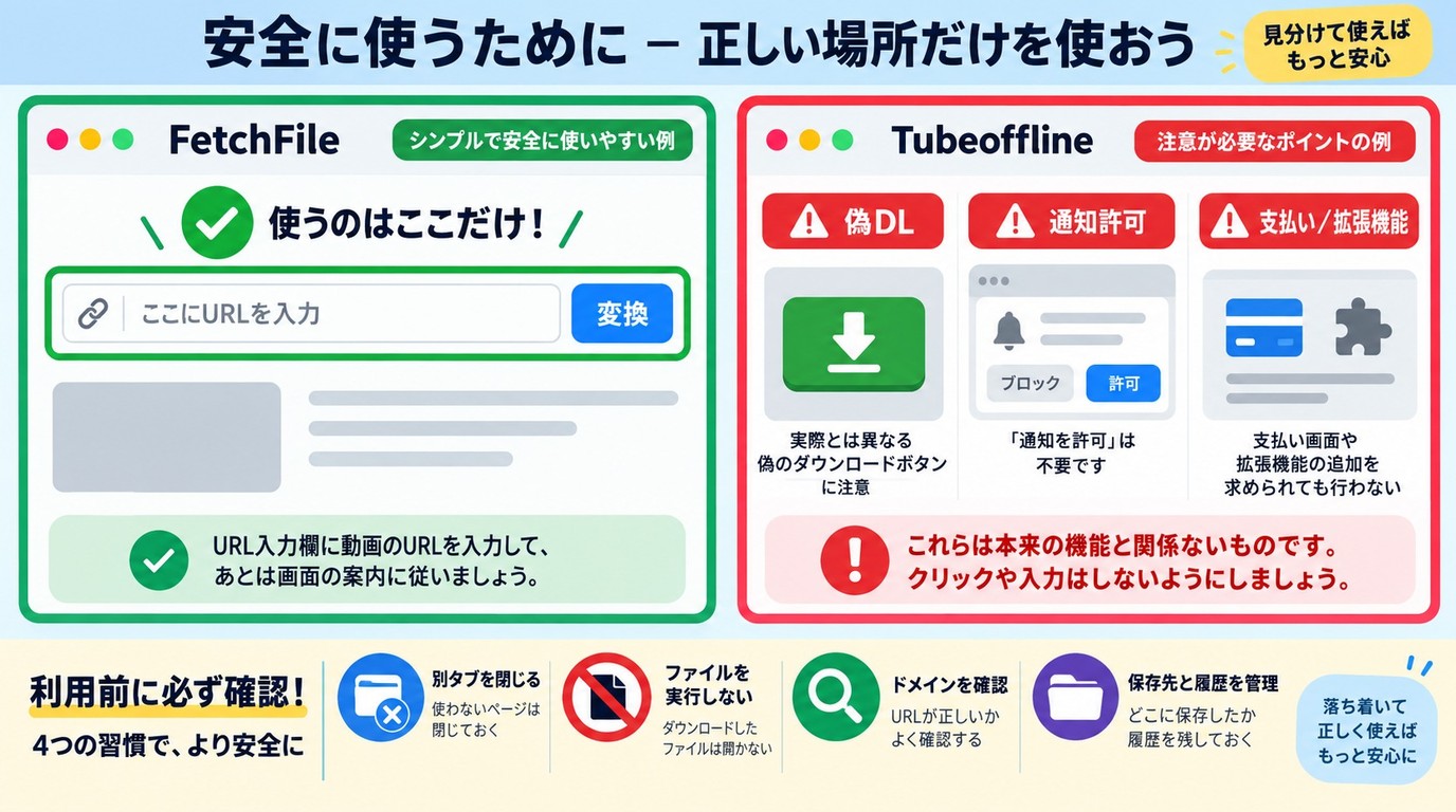 FetchFileやTubeofflineで偽ボタン、通知許可、課金画面を避ける確認点
