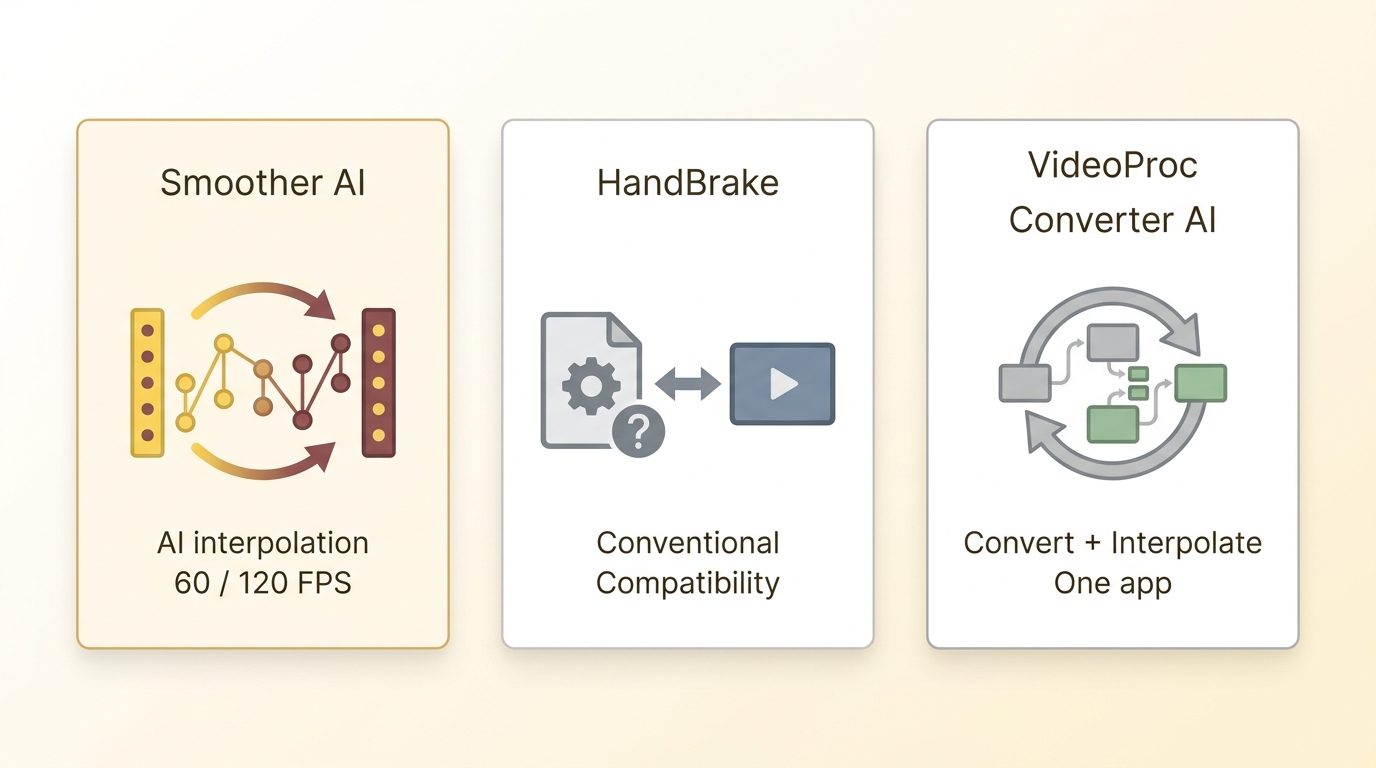 Choose Smoother AI, HandBrake, or VideoProc Converter AI by conversion task