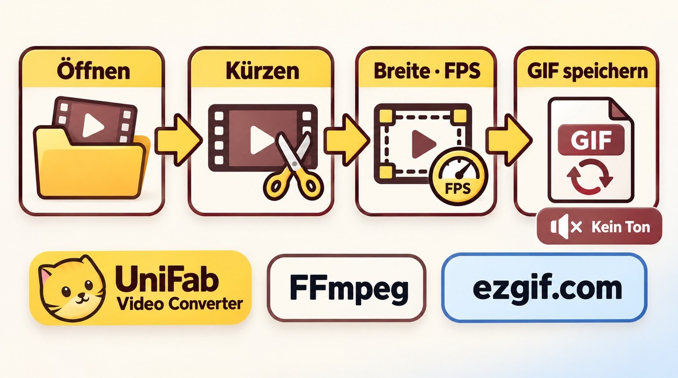 Vier Schritte von MP4 zum GIF mit UniFab Video Converter, FFmpeg oder ezgif.com.
