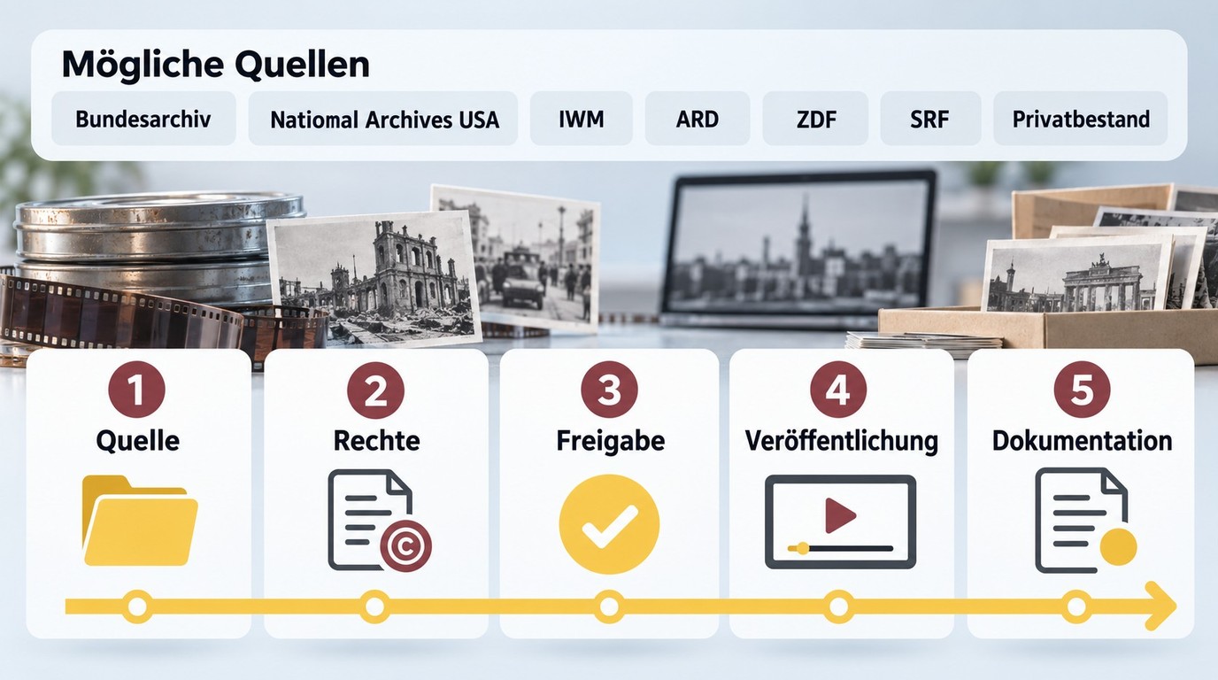 Rechteprüfung für Bundesarchiv, National Archives USA, IWM, ARD, ZDF, SRF und Privatbestände